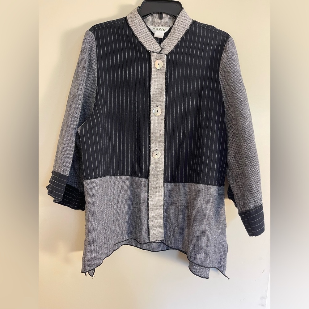 Orvis 100% Linen 3/4 Sleeve Mother Of Pearl Shell Button Blouse Smock Sz L